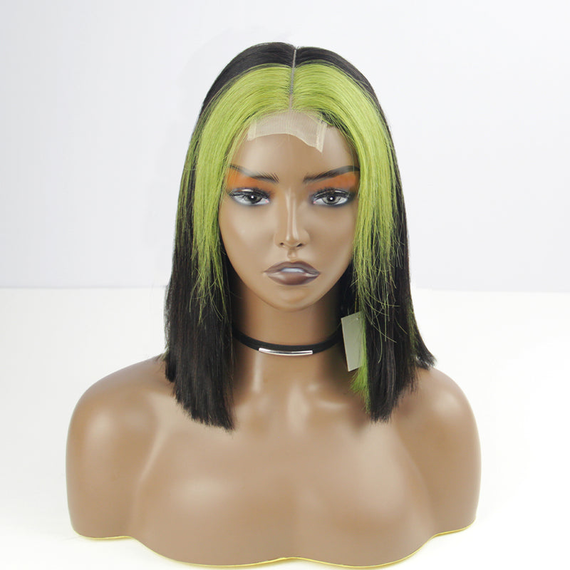 Ombre Green Straight Bob Lace Closure Wig Highlight Short Cut Virgin Human Hair Wigs 180% Density Glueless Cosplay Wig BIBHAIR - bibhair