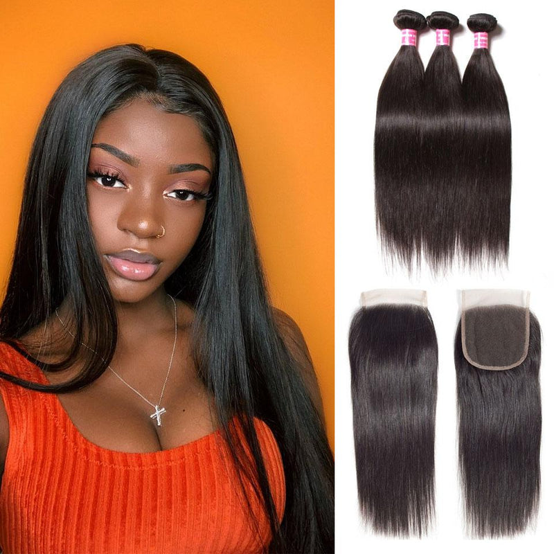 Straight Hair 3 Bundles With 4*4 Lace Closure, Unprocessed Human Hair Extension - bibhair