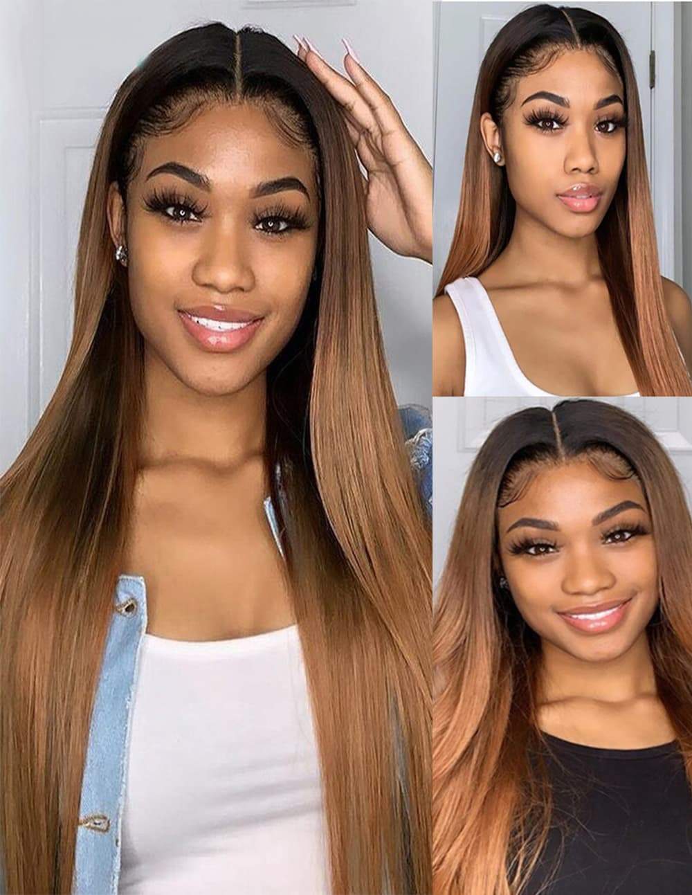 Ombre Dark Roots Honey Blonde T part Lace Front Human Hair Wig 1B/27 150% Density Straight Glueless Wigs For Women Pre Plucked Remy 100% Human Virgin Hair  BIB Hair - bibhair