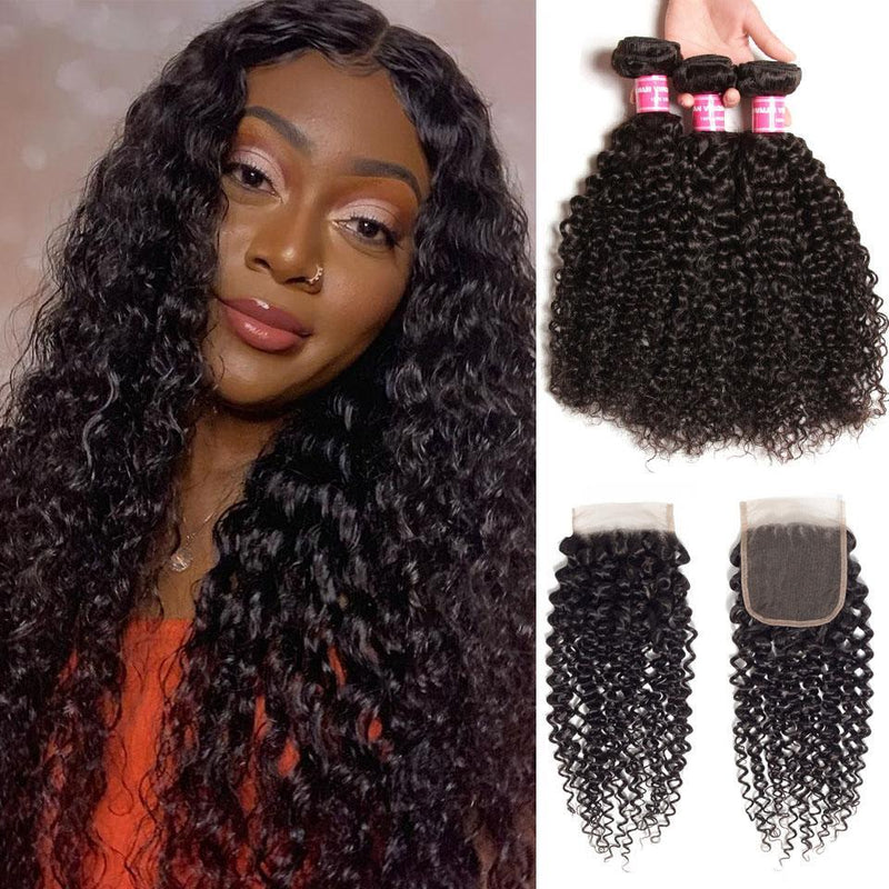 Curly Hair 3 Bundles With 4*4 Lace Closure, Unprocessed Human Hair Extension - bibhair
