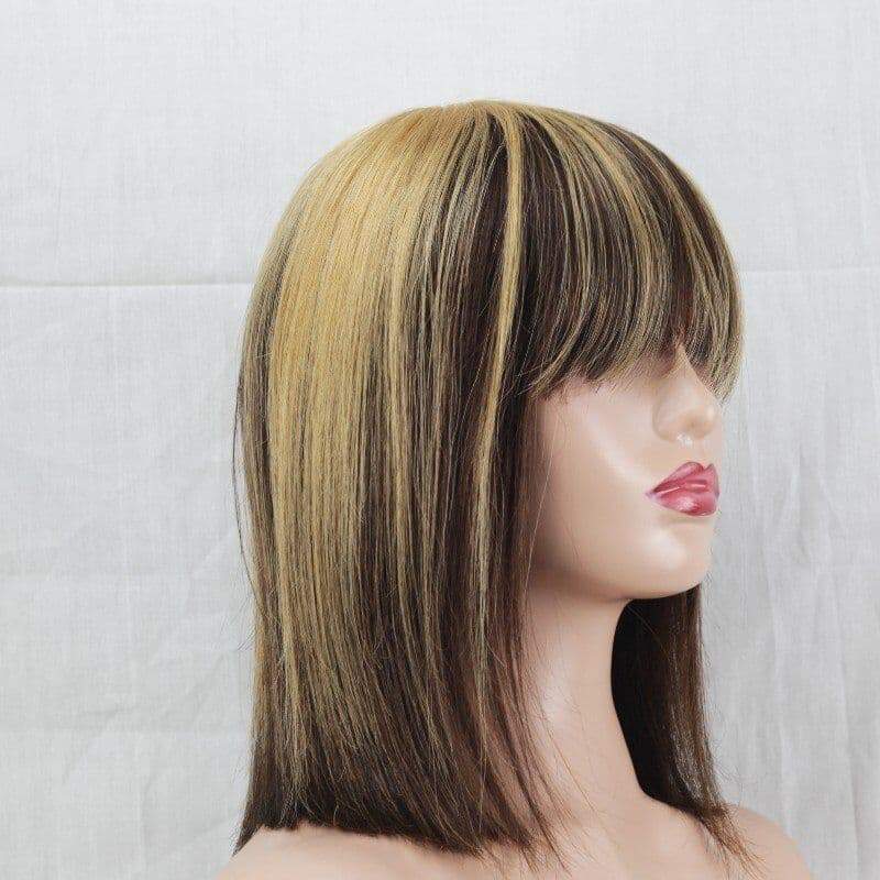 Highlight Straight Bob Human Hair Wigs With Bangs 180% Density Ombre Color Pre Plucked With Baby Hair BIB HAIR - bibhair