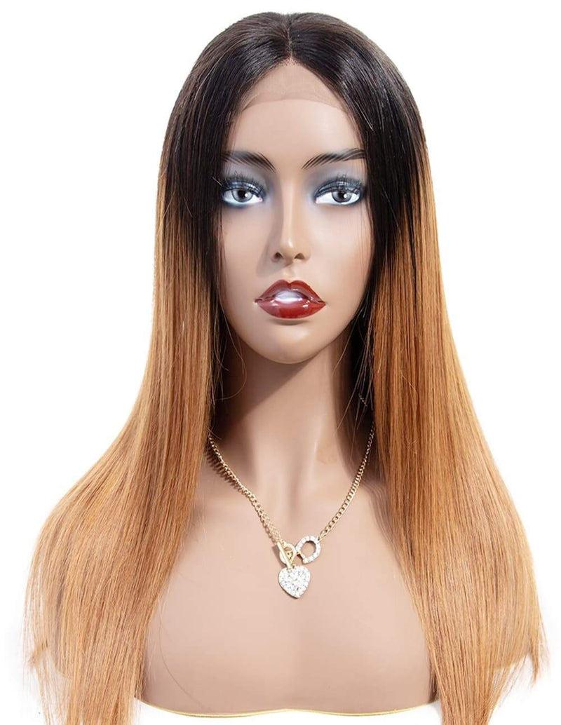 Ombre Dark Roots Honey Blonde T part Lace Front Human Hair Wig 1B/27 150% Density Straight Glueless Wigs For Women Pre Plucked Remy 100% Human Virgin Hair  BIB Hair - bibhair